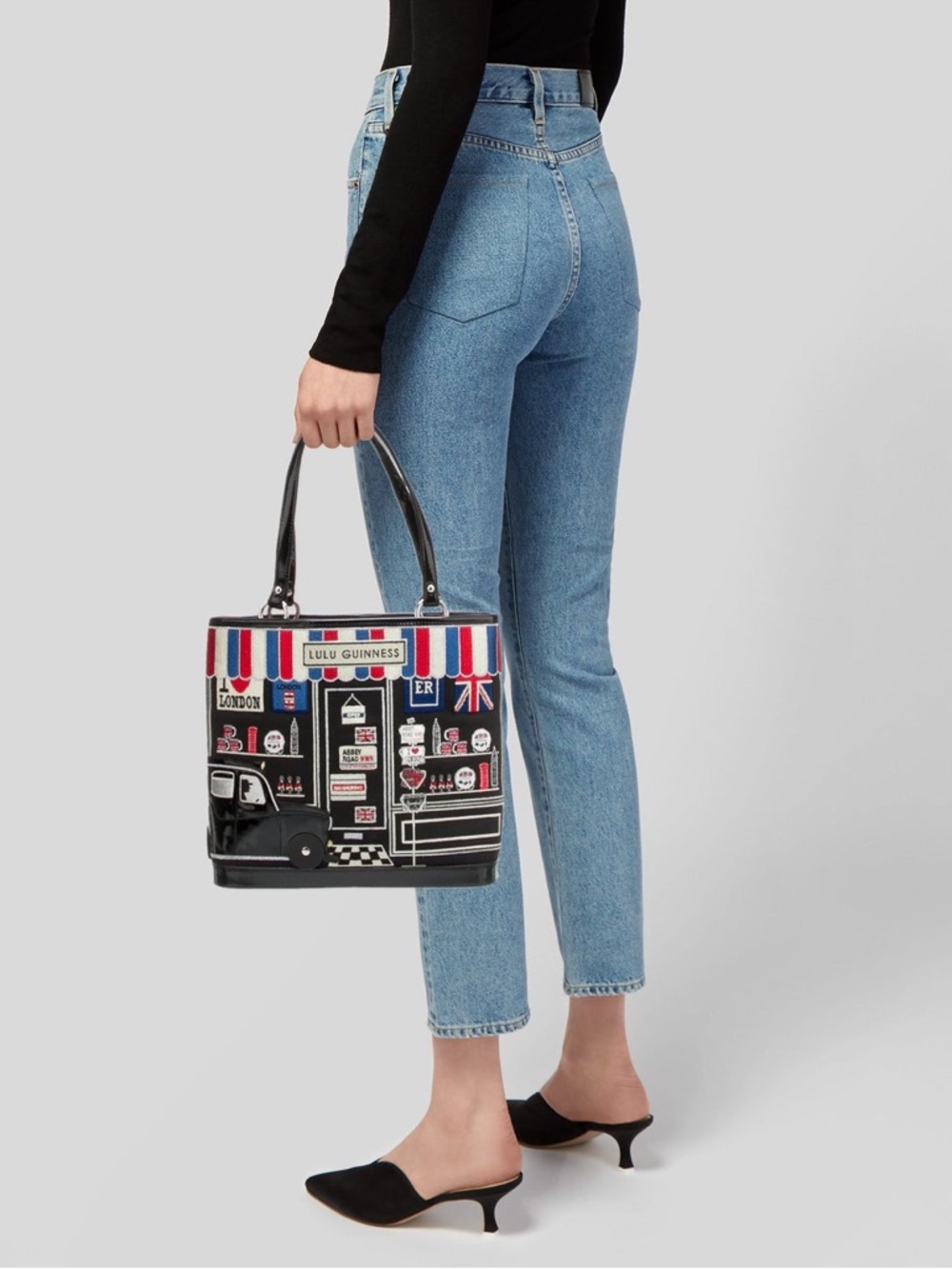 Lulu Guinness Black Tote with Red, Blue & White London Shopfront Appliqué - Picture 2 of 6